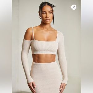 Asymmetric Long Sleeve Crop Top in Beige